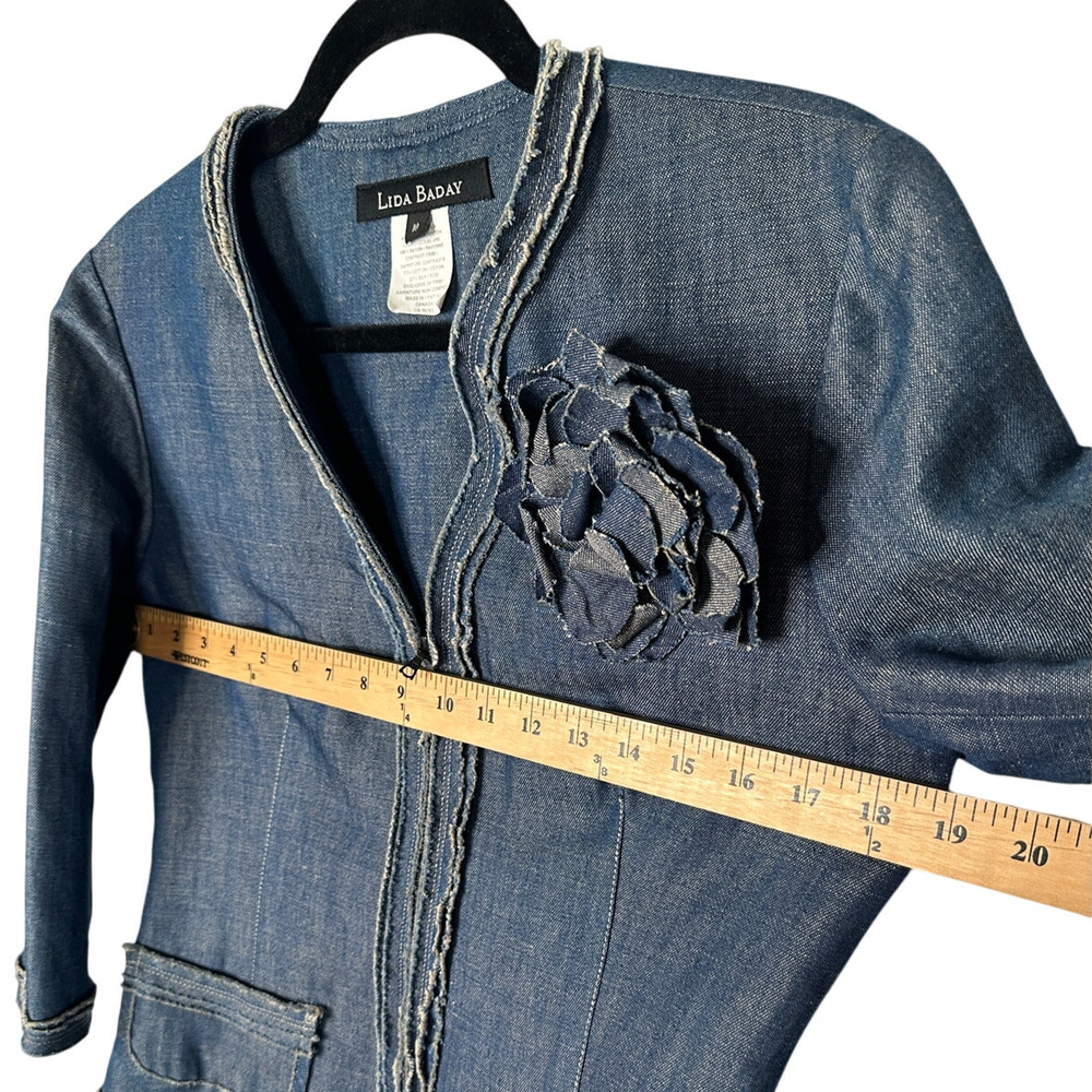Neiman Marcus 10 Lida Baday Linen Denim 2 Piece Suit Set Jacket Skirt Flower Pin - Picture 14 of 15